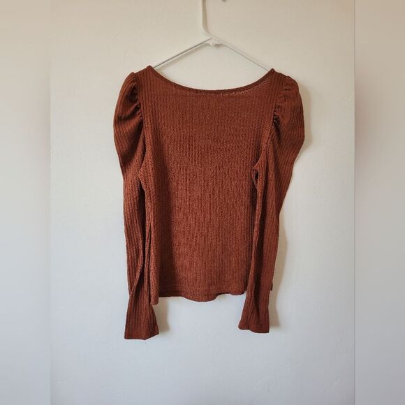 Burnt Orange Copper Puffed Long Sleeve Knit Top Ribbed Square Neck Twee Small - Picture 7 of 8